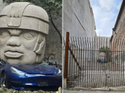 Captan misterioso Tesla aplastado por una cabeza Olmeca en CDMX; esto es lo que se sabe